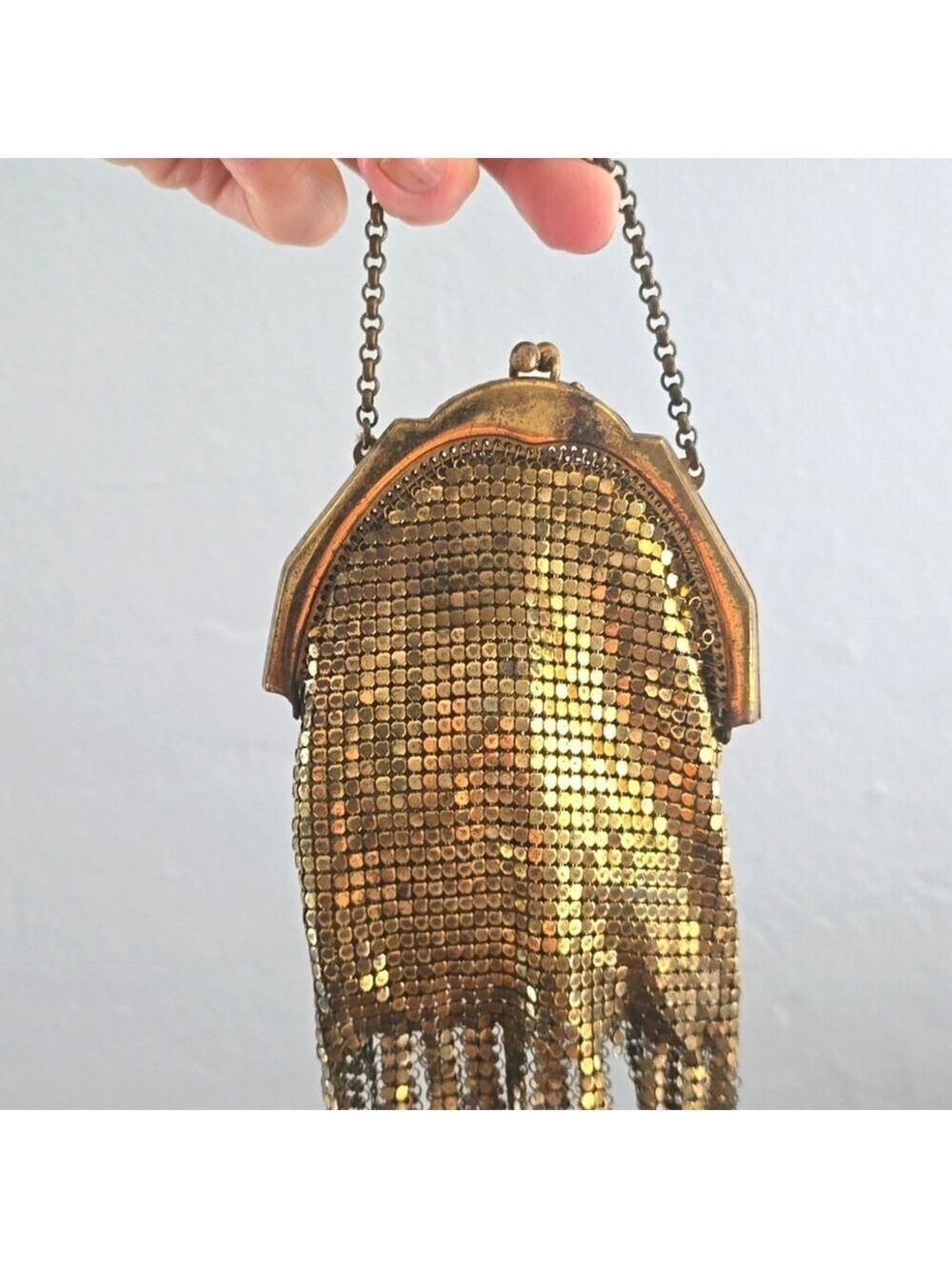 Antique Edwardian Whiting & Davis Gold Mesh Fringed Kiss Lock Vintage Bag Purse